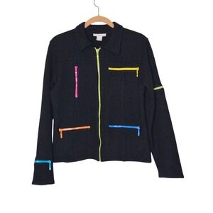 Belle Pointe Wool Jacket Colorful Zippers Black Coat Womens L Fits M 80s‎ Retro